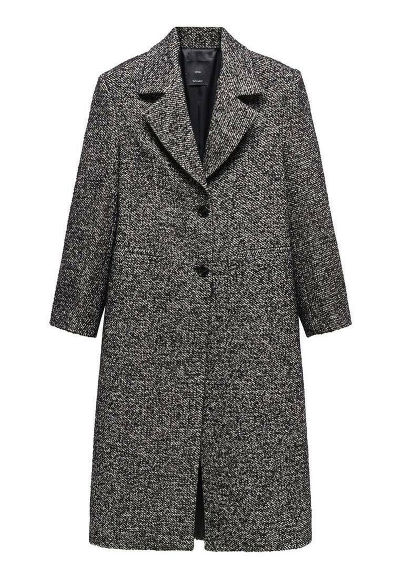 Cappotto in misto lana con motivo a scacchi, colori grigio e nero, con colletto a punta, chiusura con bottoni e due tasche laterali.