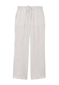 Pantalones blancos de pierna ancha con delgadas rayas verticales negras, cinturilla elástica y cordón ajustable en la parte delantera.
