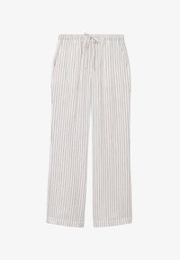 Pantalones blancos de pierna ancha con delgadas rayas verticales negras, cinturilla elástica y cordón ajustable en la parte delantera.