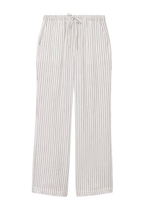 Valkoiset leveälahkeiset housut, joissa on ohuet pystysuorat mustat raidat, joustava vyötärönauha ja edessä nyörisolmuke.