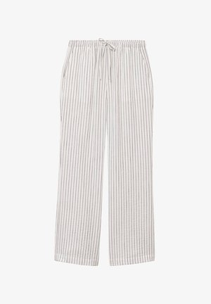 Valkoiset leveälahkeiset housut, joissa on ohuet pystysuorat mustat raidat, joustava vyötärönauha ja edessä nyörisolmuke.