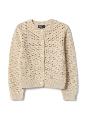 Beige gebreid kindervest met een ronde hals, lange mouwen, een knoopsluiting aan de voorkant en een gestructureerd ajourpatroon.