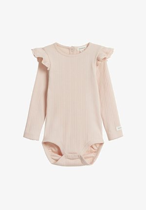 Langärmliger Baby-Body aus weichem, rosa geripptem Stoff, mit Rüschenschultern und Druckknopfverschluss im unteren Bereich für ein einfaches Anziehen.