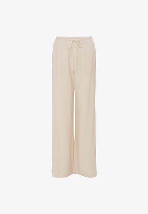 Beige wijde broek met een elastische tailleband en trekkoord, voorzien van twee voorzakken en een lichtgewicht, gestructureerde stof.
