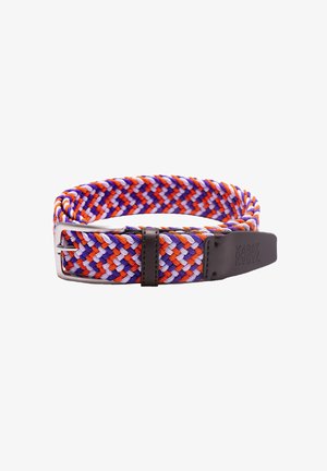 Splotkowy, wielokolorowy pasek w odcieniach pomarańczowego, fioletowego i białego z metalową klamrą w kolorze srebrnym oraz brązowymi skórzanymi akcentami. Posiada teksturowany wzór.