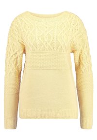 Svetřík s copánkovým vzorem v světle žluté barvě s dlouhými rukávy, texturovanými vzory na ramenou a hladkou částí těla.