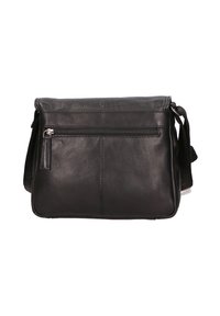Borsetta a tracolla in pelle nera con tasca frontale con zip, design piatto e tracolla regolabile. Presenta una texture liscia e hardware minimale.