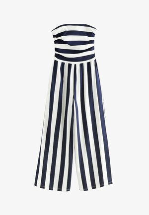 Bandloze playsuit met marineblauwe en witte verticale strepen, heeft een aansluitend lijfje, losse brede pijpen en een zachte stoftextuur.