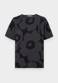 Dark gray t-shirt featuring a floral pattern in varying shades of gray and black, short sleeves, and a rounded neckline.