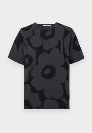 Dark gray t-shirt featuring a floral pattern in varying shades of gray and black, short sleeves, and a rounded neckline.
