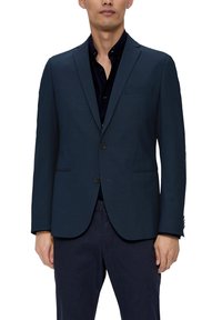 Marineblauer maßgeschneiderter Blazer aus strukturiertem Stoff, mit Reverskragen, zwei Vorderaschen und einer einzelner Knopfverschluss.
