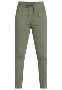 Olivgrüne Jogginghosen mit glatter Textur, elastischem Bund, Kordelzug und weißen Seitenstreifen für zusätzlichen Detail.