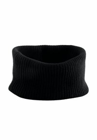 Chauffe-nuque noir en tricot côtelé avec une forme cylindrique. Texture douce et design continu, mesurant environ 10 cm de hauteur.
