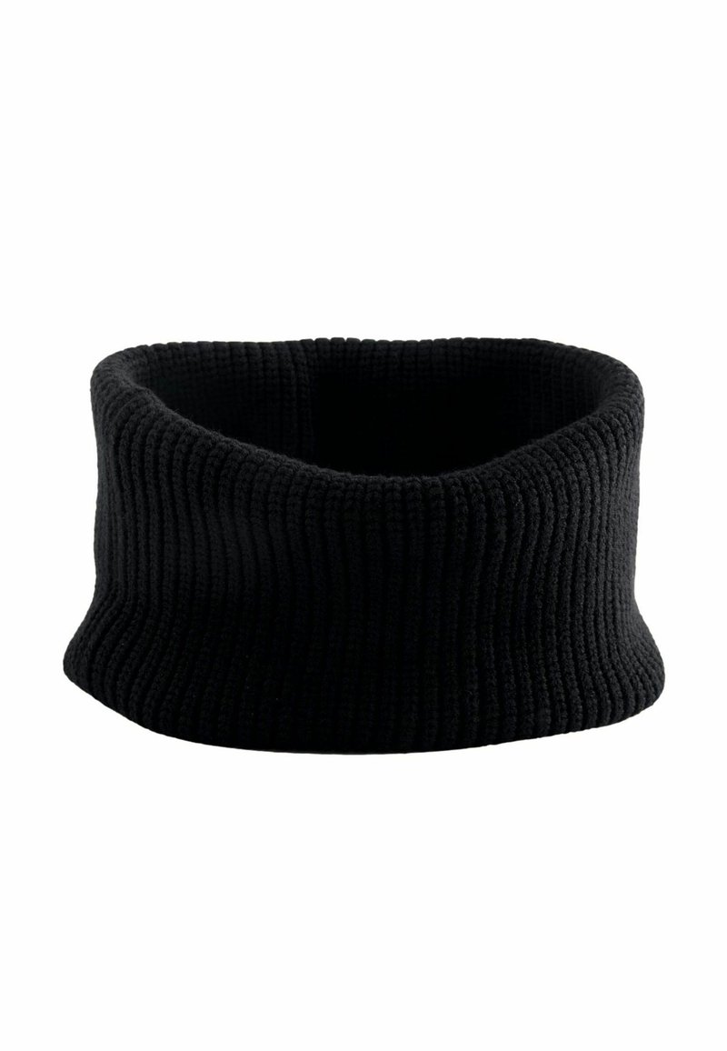 Chauffe-nuque noir en tricot côtelé avec une forme cylindrique. Texture douce et design continu, mesurant environ 10 cm de hauteur.