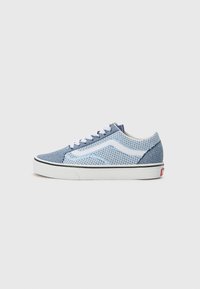 Blue and light blue mesh sneaker with white laces, a rounded toe, and rubber sole. Features a textured pattern and a side logo.