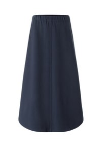 Merino sininen hame, jossa on joustava vyötärö, ja se on muotoiltu A-linjana, jossa on suora ja pehmeä pinta. Ei näkyviä metalliosia tai kuvioita.