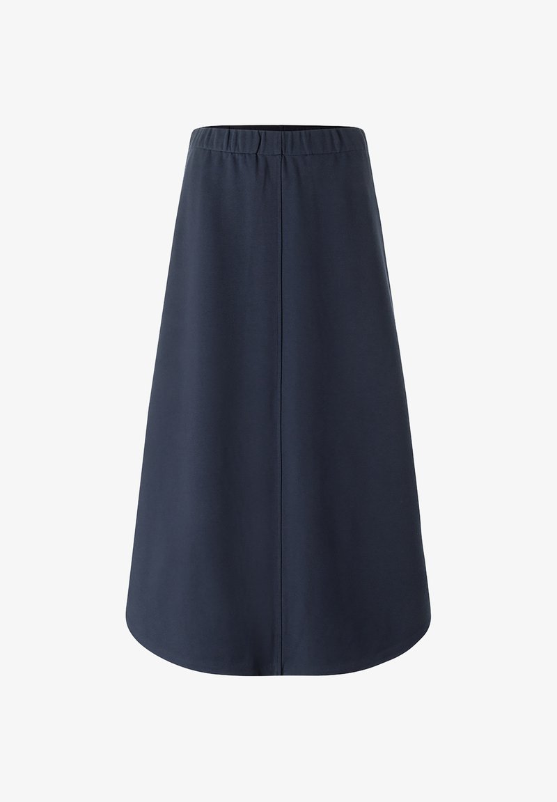 Merino sininen hame, jossa on joustava vyötärö, ja se on muotoiltu A-linjana, jossa on suora ja pehmeä pinta. Ei näkyviä metalliosia tai kuvioita.