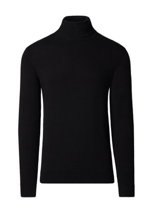 Czarny, długi sweter z dzianiny z golfem i długimi rękawami, z prążkowanym kołnierzem, mankietami i dolnym brzegiem, prezentowany na białym tle.