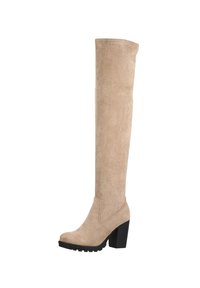 Knee-high beige ruskindsstøvler med en tykk sort hæl og en glat tekstur, der har en tætsiddende design og en rund tå.