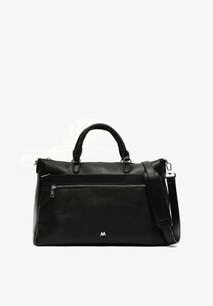 Schwarze Lederhandtasche mit doppelten Tragegriffen, verstellbarem Riemen, einer vorderen Reißverschlusstasche und geprägtem Logo. Glatte Textur und strukturiertes Design.
