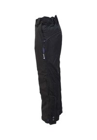 Pantalons imperméables noirs au design droit, avec une taille ajustable, poche zippée sur le côté et fermeture à pression aux chevilles. Présente des accents violets.