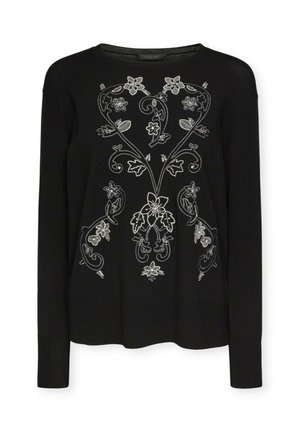 Maglione nero a maniche lunghe con ricami floreali argentati e spirali decorative sulla parte anteriore e scollatura rotonda.