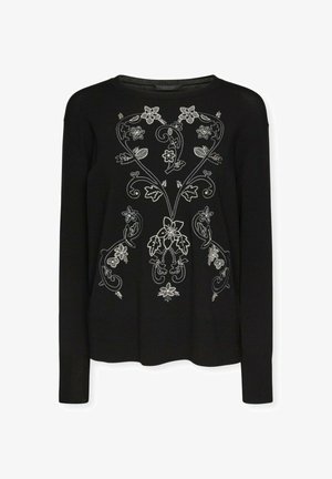 Mustat pitkätuumiset neuleet, joissa on hopeista kukka-ompelua ja koristeellisia kiehkuroita edessä sekä pyöreä pääntie.