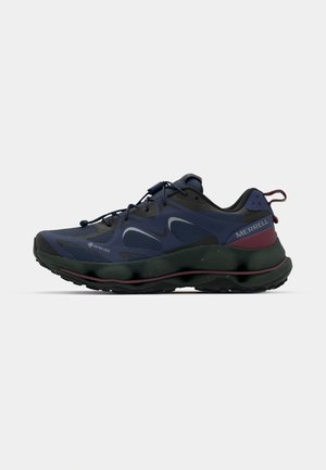 Blue and gray athletic shoes with a textured mesh upper, cushioned sole, and black rubber outsole. Features a pull tab and reinforced heel.