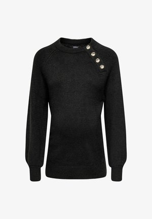 Suéter negro de punto con cuello redondo, mangas largas y cuatro botones decorativos en el hombro izquierdo. Presenta puños y dobladillo acanalados.
