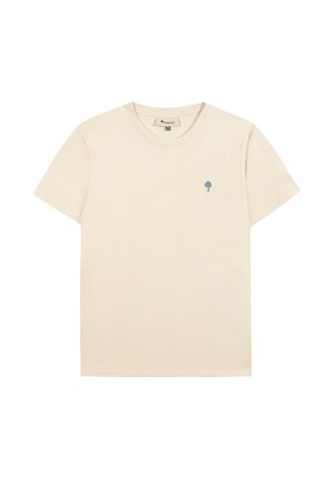 Beige short-sleeve crew neck T-shirt with a small blue tree logo on the left chest and a visible brand label inside the collar.
