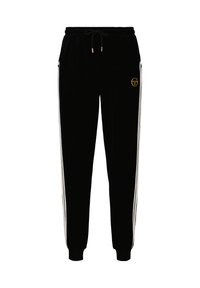 Los pantalones de chándal de terciopelo negro cuentan con bolsillos laterales, cinturilla elástica, cordón y rayas laterales blancas con un acento de logo dorado.