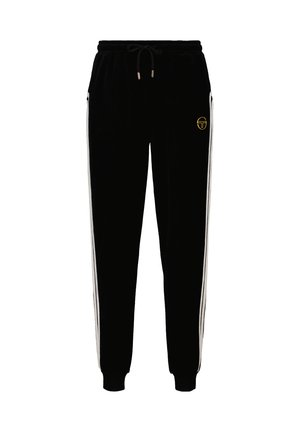 Un pantalon de survêtement en velours noir doté de poches latérales, d'une taille élastique, d'un cordon de serrage et de rayures blanches sur les côtés avec un accent logo doré.