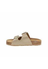 Sandale beige ouverte à l'avant avec deux brides réglables et boucles métalliques, semelle intérieure en liège et semelle extérieure en caoutchouc texturé.