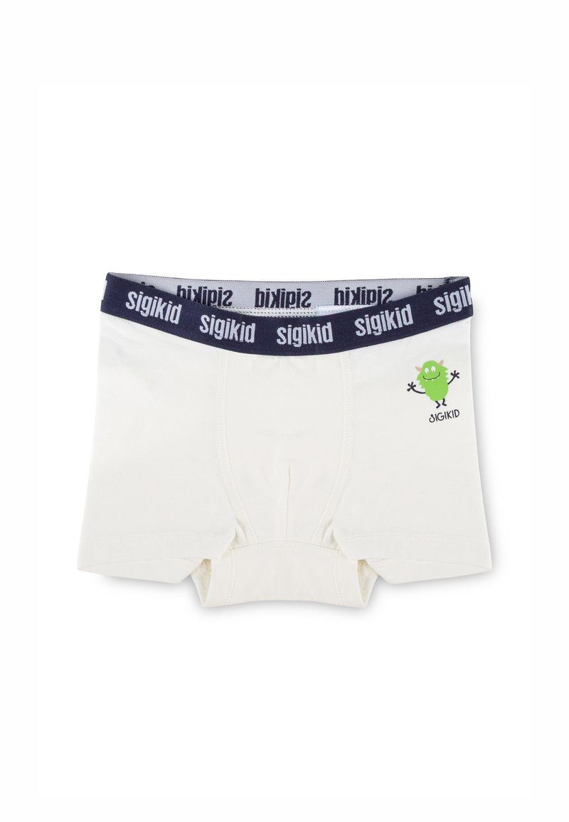 White cotton boxer shorts featuring a navy elastic waistband with "sigikid" branding and a green cartoon monster printed on the front.