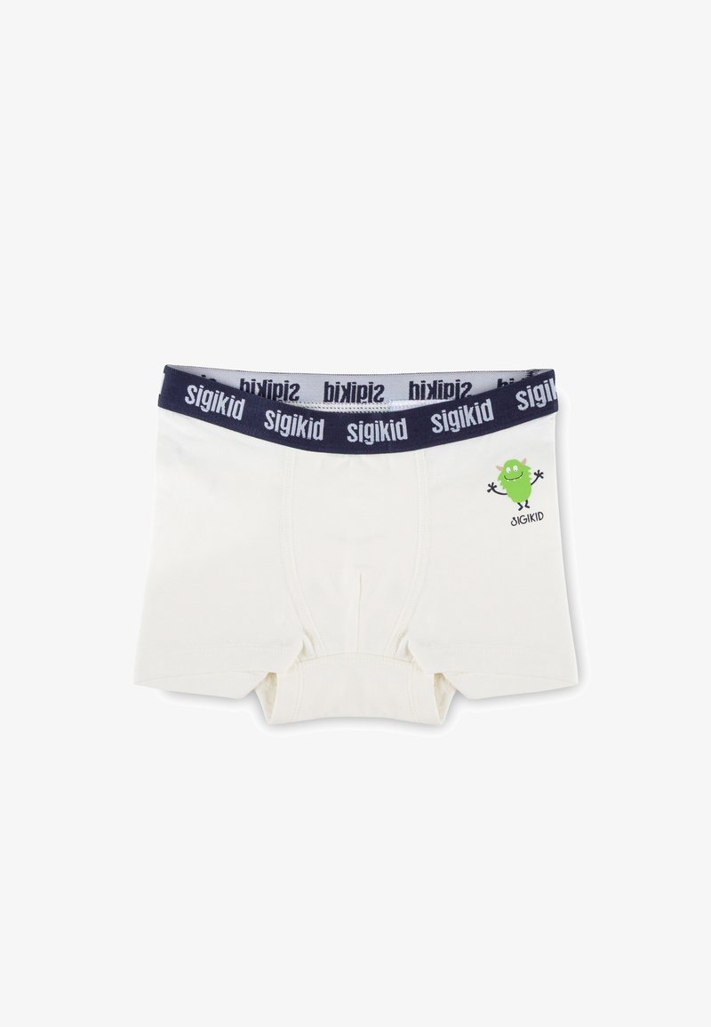 White cotton boxer shorts featuring a navy elastic waistband with "sigikid" branding and a green cartoon monster printed on the front.