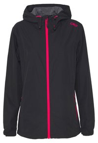 Veste noire imperméable avec capuche, dotée d'une fermeture éclair avant rose vif et d'accents coordonnés. Texture lisse et poignets élastiques pour un ajustement confortable.