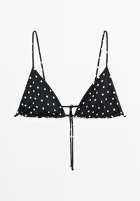 Haut de bikini noir en forme de triangle avec des pois blancs et fines bretelles réglables, noué au centre devant.