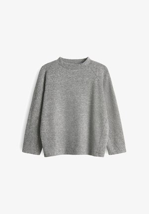 Gray knitted sweater with a textured pattern, wide crew neck, and long sleeves, featuring a loose fit and ribbed cuffs.