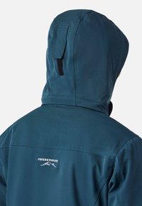 Teal buitenjack met een capuchon, een gladde textuur en een zwart klittenbandaccent. Witte "SWEDEMOUNT" logo gedrukt op de achterkant.