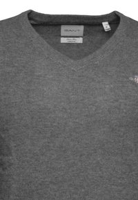 Maglione grigio a collo a V realizzato in extra fine lambswool. Presenta una finitura testurizzata e un piccolo logo sul petto. Etichetta della taglia visibile.