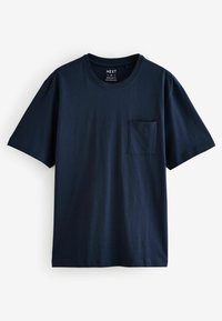 T-shirt en coton bleu marine à manches courtes avec un col rond et une petite poche sur la poitrine gauche, taille M, coupe régulière.