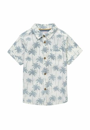 Kortærmet skjorte med knapper i lysebeige med blåt palmetræsprint. Den har krave, brystlomme og brune knapper.