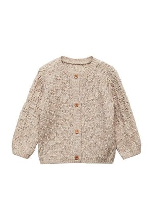 Cardigan beige tricoté avec motif torsadé, col rond, manches longues et quatre boutons en bois sur le devant.