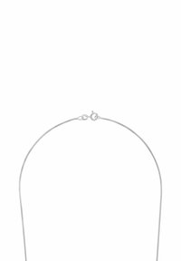 Collana in argento a catena con un design liscio e rotondo. Presenta un semplice moschettone e una finitura metallica lucida.