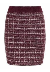 Burgunderfarget strikket miniskjørt med et teksturert rutemønster, som har en ensfarget midje og et slim fit-design.