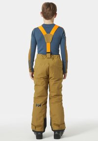 Pantalones de esquí marrones con tirantes ajustables naranjas, tela texturizada, puños reforzados y un logo en la pierna izquierda. Vista trasera.