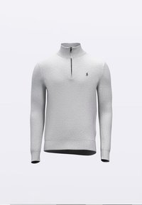 Grijze trui met een hoge kraag en een ontwerp met een halve rits. Heeft geribbelde manchetten en zoom, met een klein geborduurd logo op de borst.