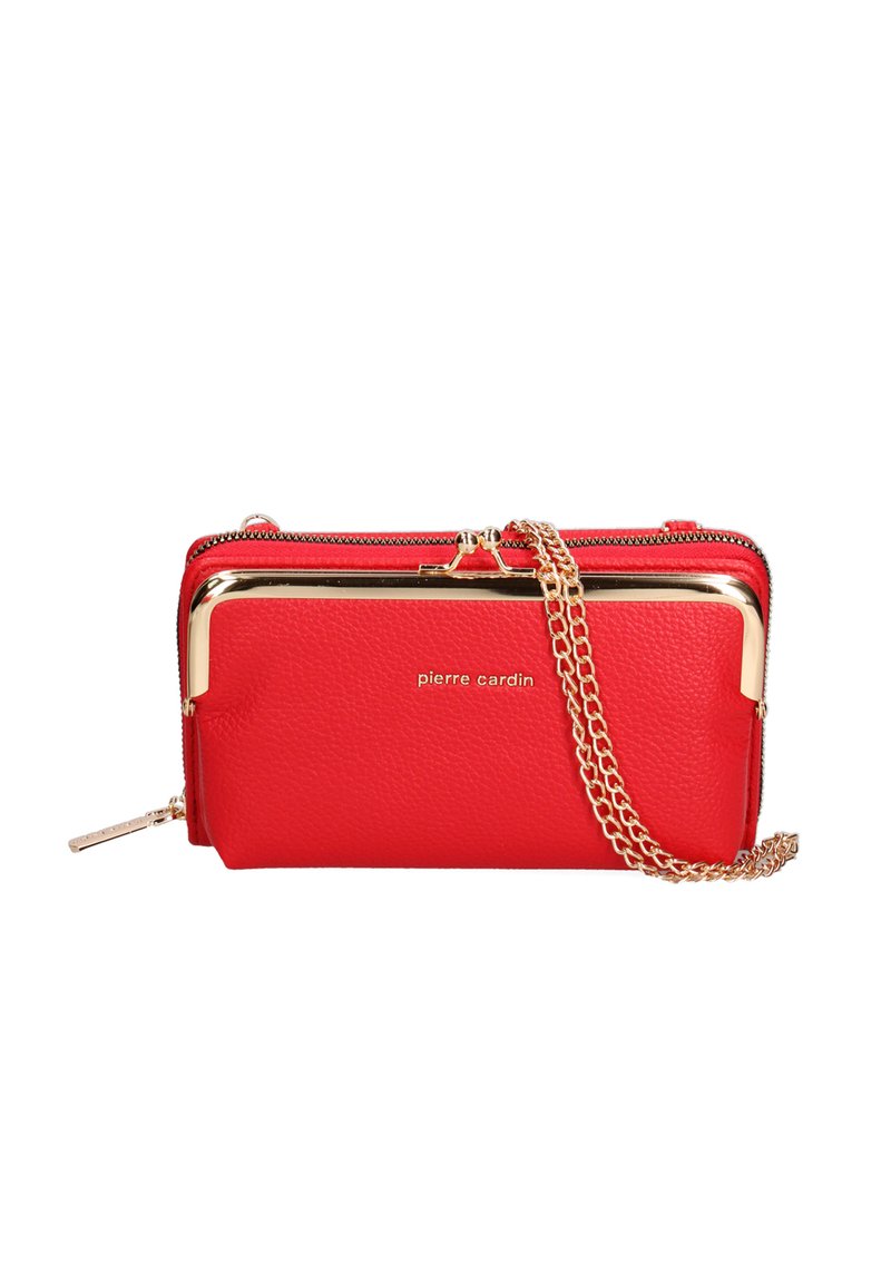 Red leather wallet with a gold-tone zipper and chain strap. Features a smooth texture, logo detail, and a rectangular shape.