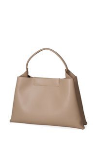 Borsa a mano in pelle beige con una forma strutturata. Presenta un manico superiore singolo e un design a pannello piatto, texture liscia e stile minimalista.