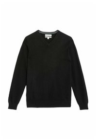 Czarny sweter w serek, wykonany z miękkiego materiału. Posiada długie rękawy i ściągacz u dołu. Prosty design, bez widocznych wzorów lub akcentów.